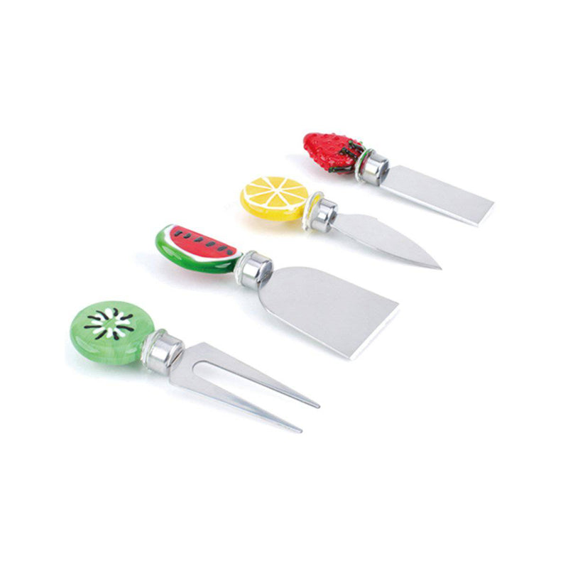 Cheese Service Tool Knife Fork Set -- Fruit Theme Art Glass Handles