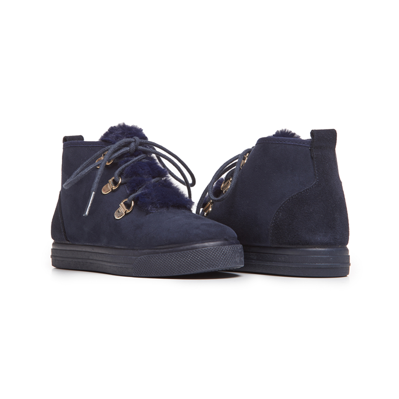 Suede Lace-Up Sneaker Booties with Faux-Fur in Navy by childrenchic