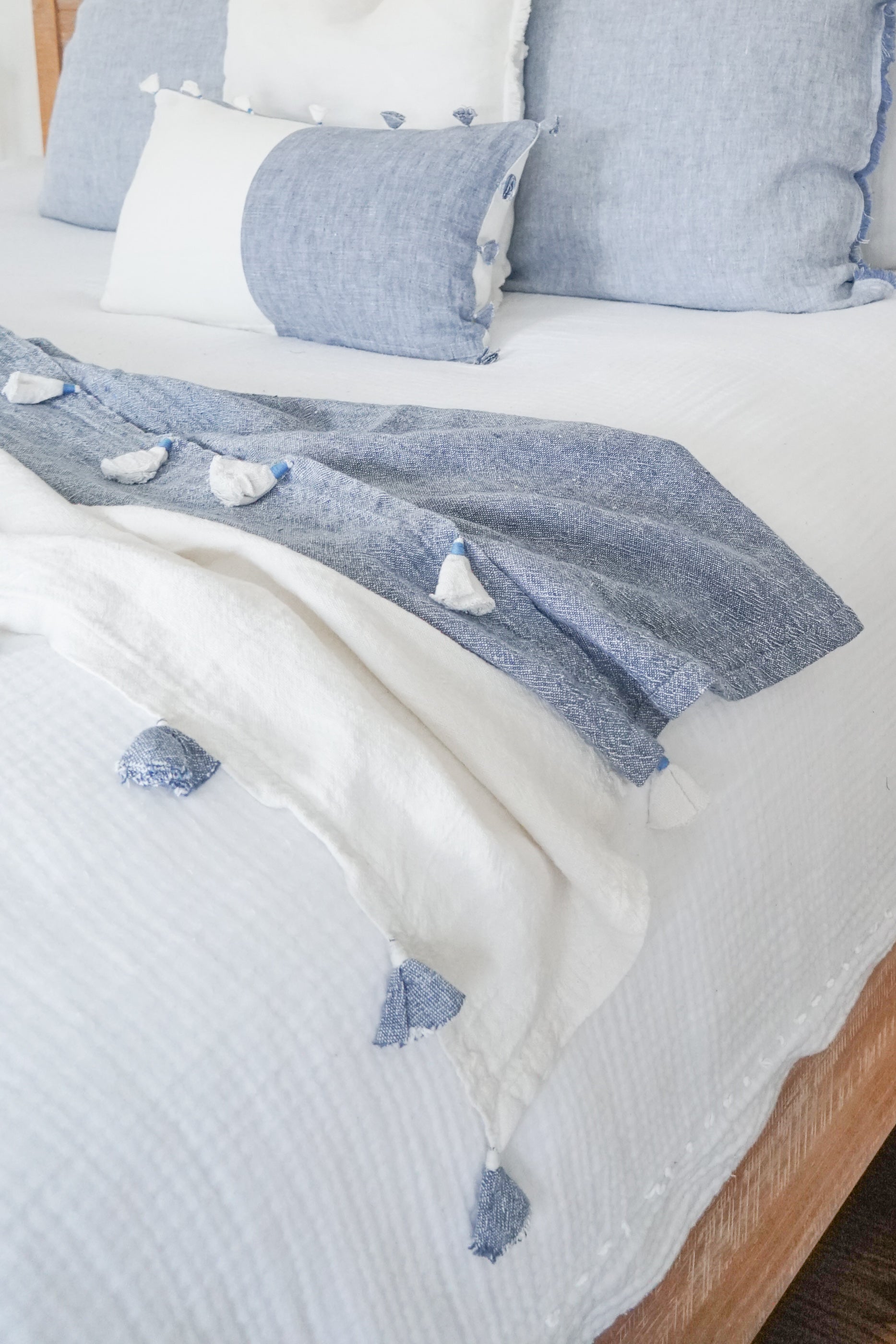 Chambray Blue Colorblocked Linen Blanket with Tassels