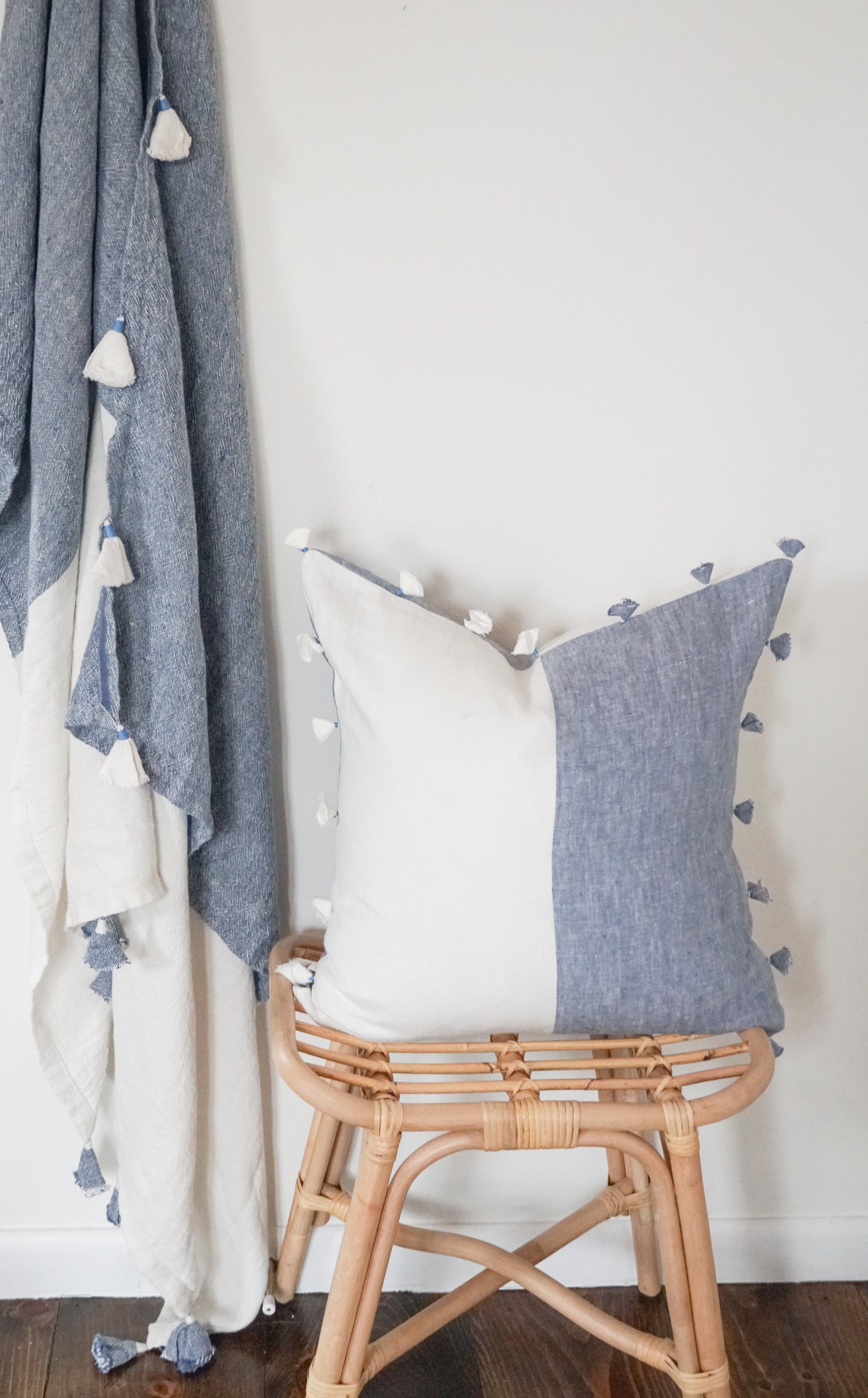 Chambray Blue Colorblocked Linen Blanket with Tassels