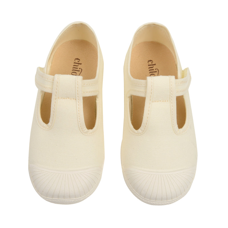 Kid’s Childrenchic® Canvas T-Band Captoe Shoes in Ivory by childrenchic