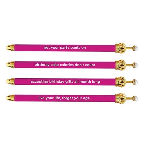 Get Your Party Pants On! Birthday Hot Pink Crown Pen Set of 12 | Giftable Quote Pens | Novelty Office Desk Supplies by The Bullish Store