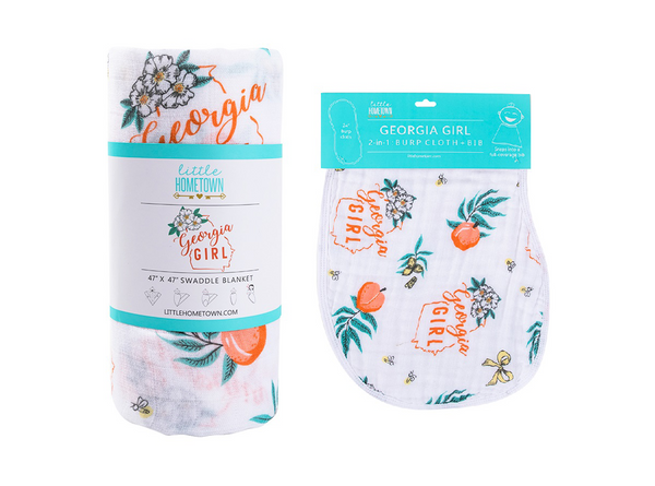 Gift Set: Georgia Girl Muslin Swaddle Blanket and Burp Cloth/Bib Combo by Little Hometown