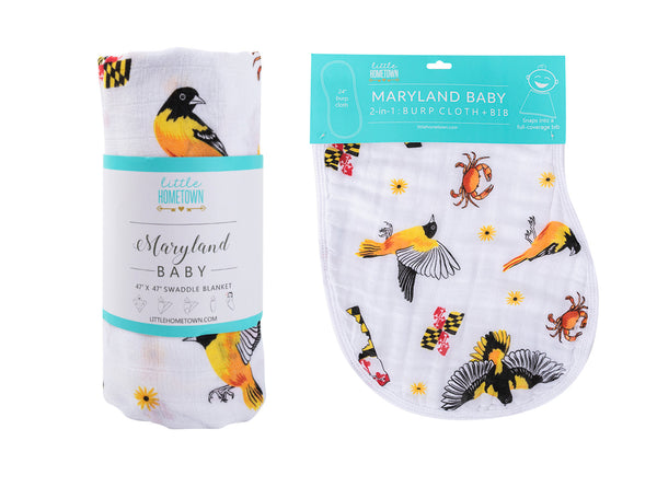 Gift Set: Maryland Baby Muslin Swaddle Blanket and Burp Cloth/Bib Combo by Little Hometown