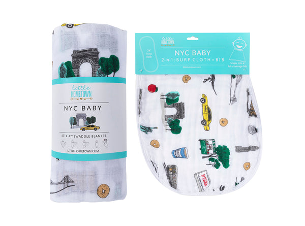 Gift Set: New York City Baby Muslin Swaddle Blanket and Burp Cloth/Bib Combo by Little Hometown