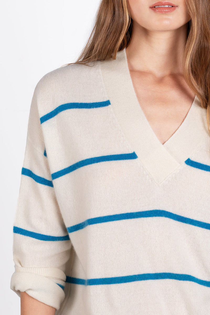 Courtney Cashmere V-Neck Sweater - Snow/Azure Stripe by ParrishLA