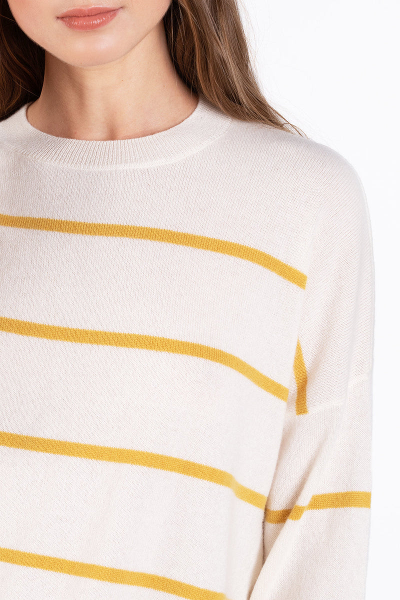 Charlie Cashmere Crewneck Pullover Sweater - Snow/Mustard Stripe by ParrishLA