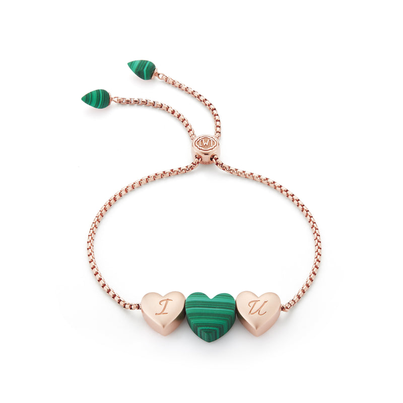 Luv Me Malachite Bolo Adjustable I Love You Heart Bracelet in 14K Rose Gold Plated Sterling Silver by LuvMyJewelry