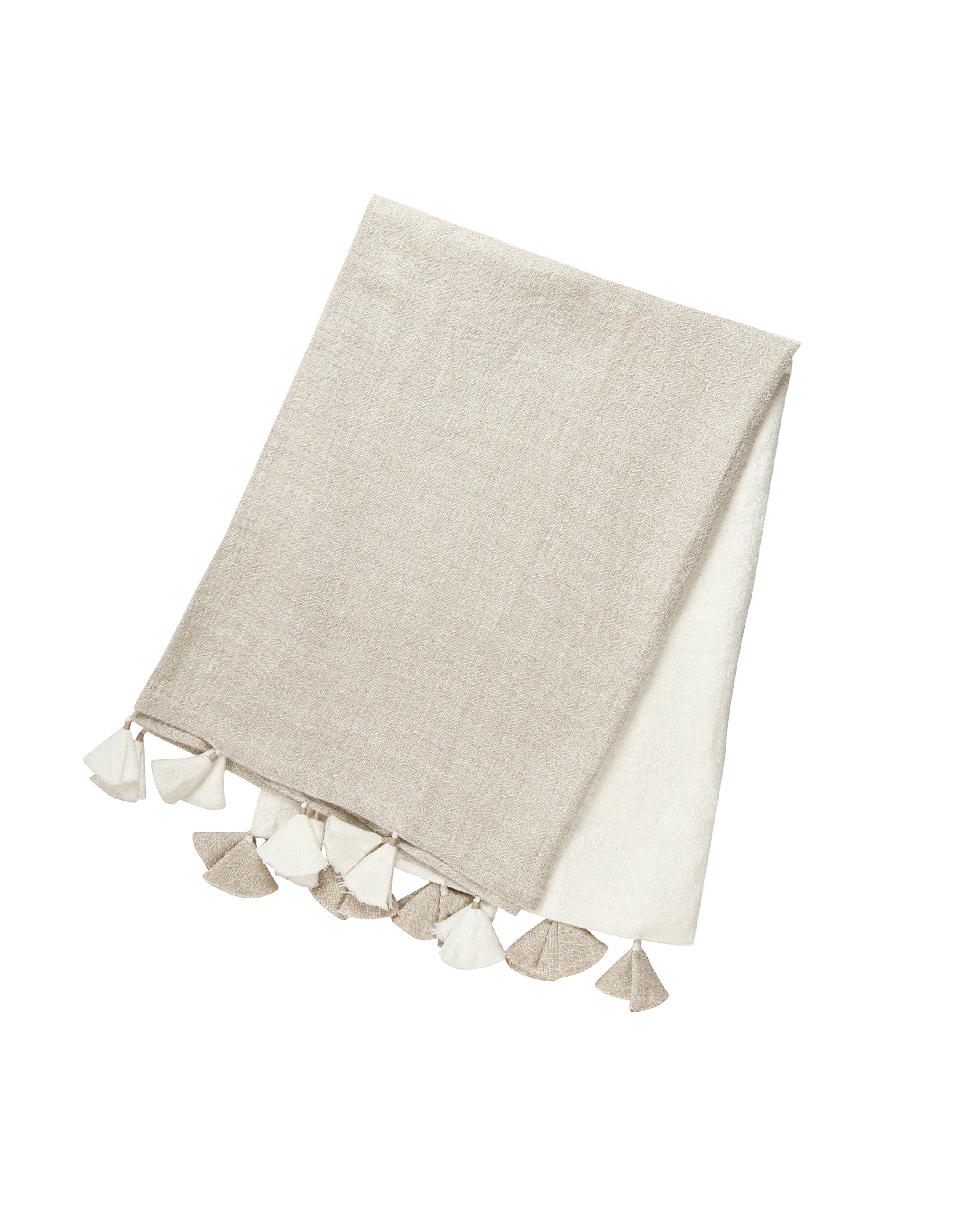 Natural Colorblocked Beige Linen Blanket with Tassels