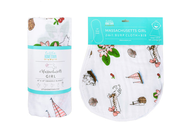 Gift Set: Massachusetts Floral Baby Muslin Swaddle Blanket and Burp Cloth/Bib Combo by Little Hometown