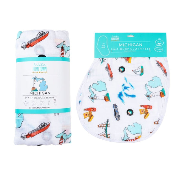 Gift Set: Michigan Baby Muslin Swaddle Blanket and Burp Cloth/Bib Combo by Little Hometown