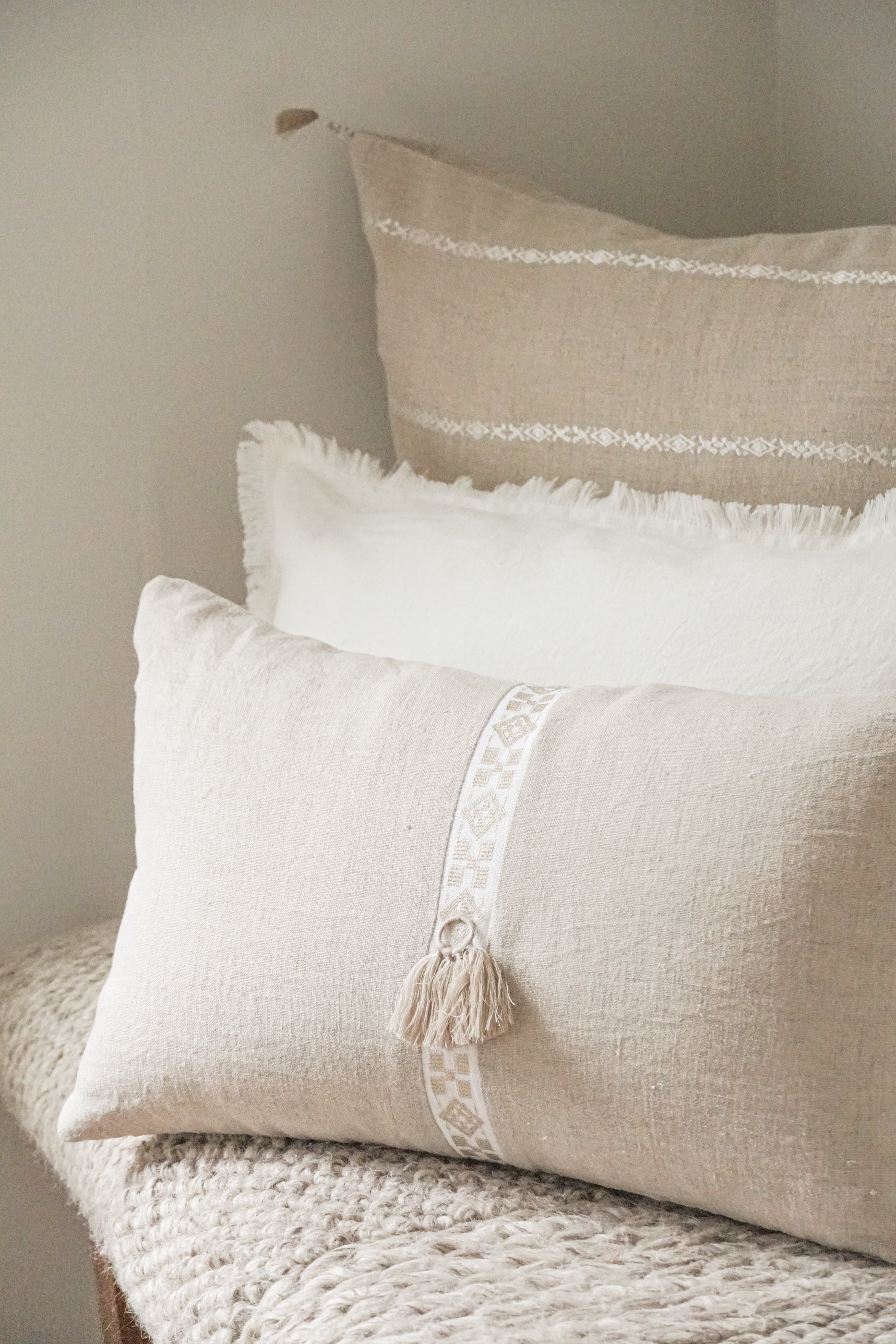 Natural Geo Trim So Soft Beige Linen Pillow by Anaya