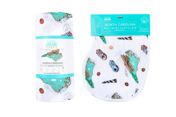 Gift Set: North Carolina Baby Muslin Swaddle Blanket and Burp Cloth/Bib Combo by Little Hometown