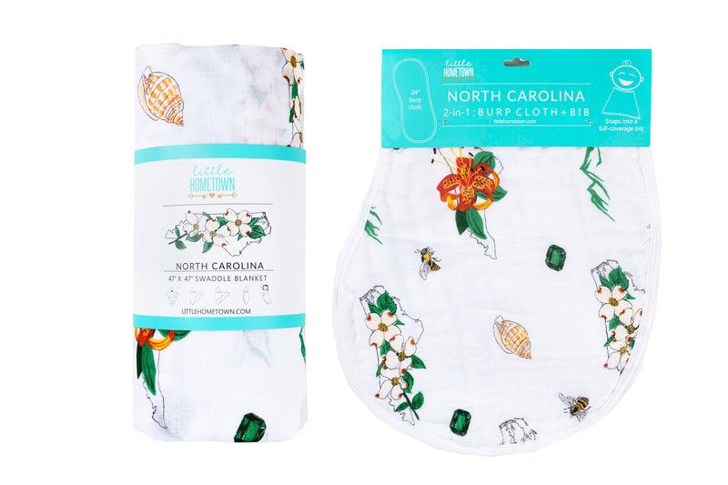 Gift Set: North Carolina Baby Muslin Swaddle Blanket and Burp Cloth/Bib Combo (Floral) by Little Hometown