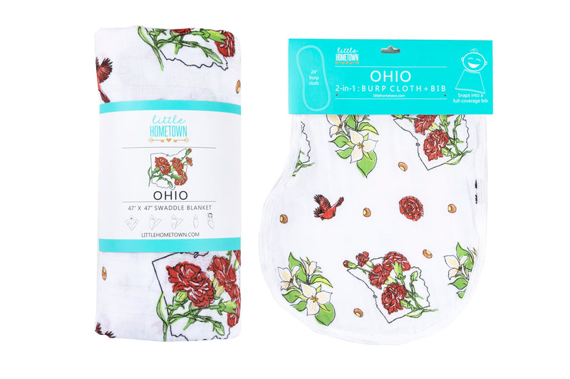 Gift Set: Ohio Baby Muslin Swaddle Receiving Blanket (Floral) and Burp/Bib Combo by Little Hometown