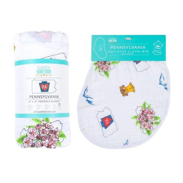 Gift Set: Pennsylvania Baby Muslin Swaddle Blanket and Burp Cloth/Bib Combo by Little Hometown