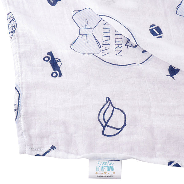 Gift Set: Southern Gentleman Baby Muslin Swaddle Blanket and Burp Cloth/Bib Combo by Little Hometown