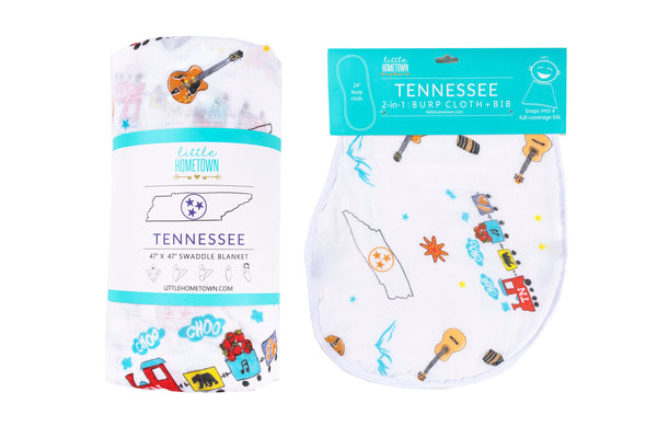 Gift Set: Tennessee Baby Muslin Swaddle Blanket and Burp Cloth/Bib Combo by Little Hometown