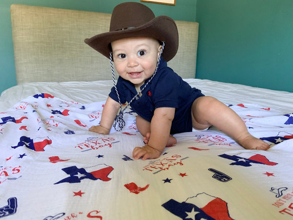 Gift Set: Texas Baby Boy Muslin Swaddle Blanket and Burp Cloth/Bib Combo by Little Hometown