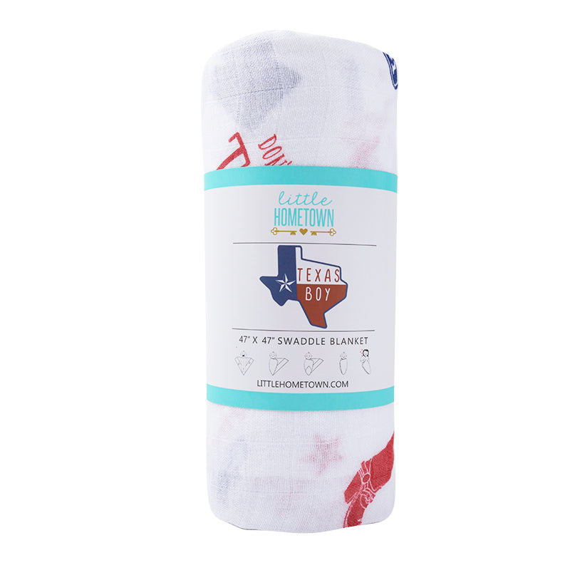 Gift Set: Texas Baby Boy Muslin Swaddle Blanket and Burp Cloth/Bib Combo by Little Hometown