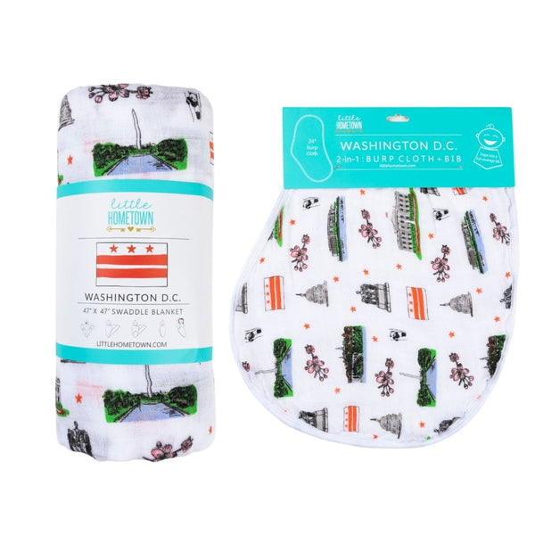 Gift Set: Washington D.C. Baby Muslin Swaddle Blanket and Burp Cloth/Bib Combo by Little Hometown