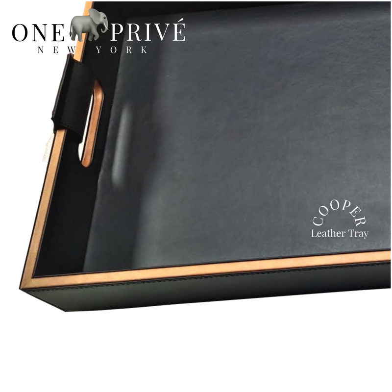 Cooper Black Hand Stitched Leather Tray | Inlaid Padded Handles by ONE PRIVÉ Home & Hotel