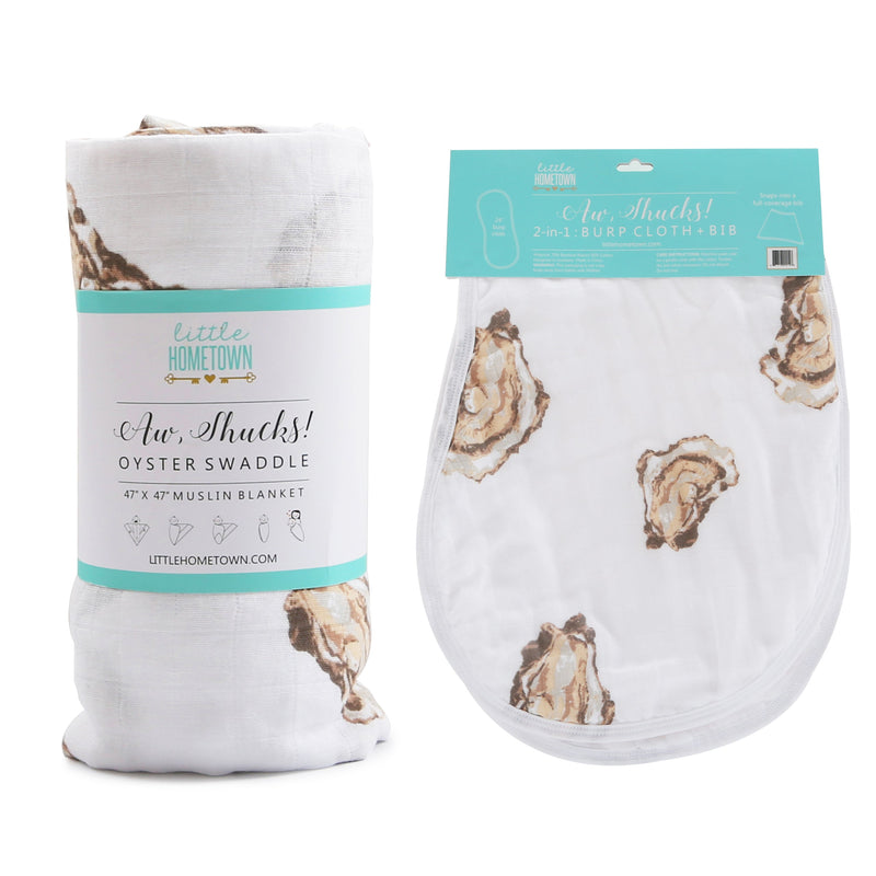 Gift Set: Aw Shucks! Oyster Baby Muslin Swaddle Blanket and Burp Cloth/Bib Combo by Little Hometown