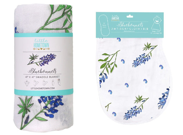 Gift Set: Bluebonnets Baby Muslin Swaddle Blanket and Burp Cloth/Bib Combo by Little Hometown