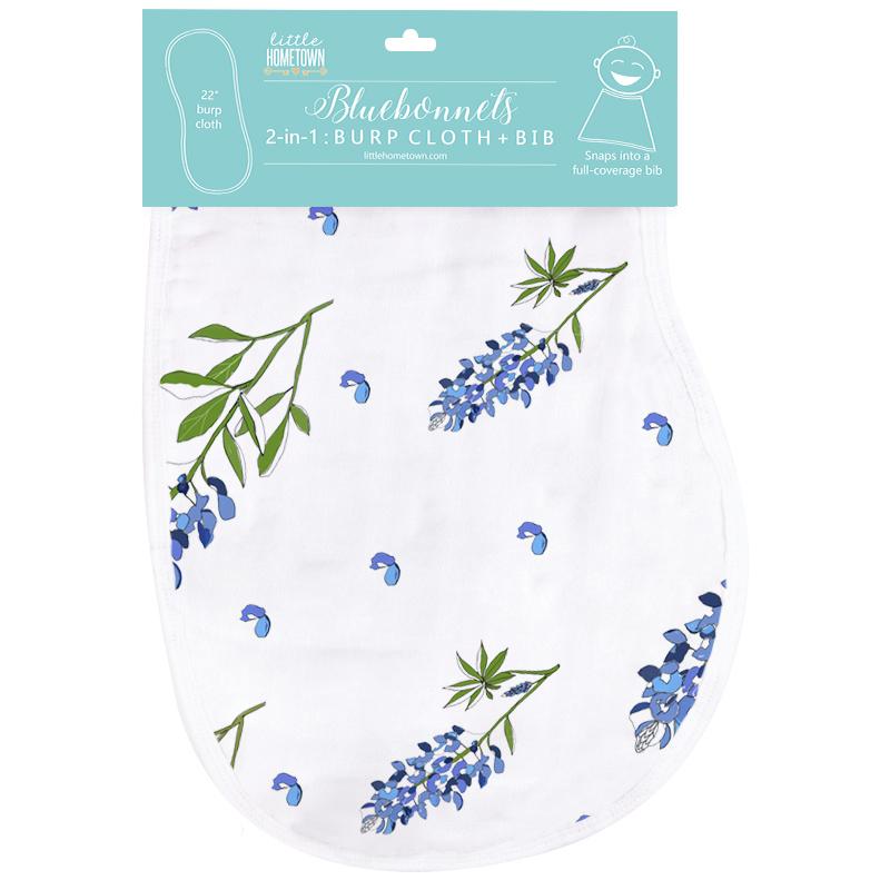 Gift Set: Bluebonnets Baby Muslin Swaddle Blanket and Burp Cloth/Bib Combo by Little Hometown