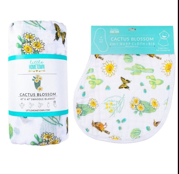 Gift Set: Cactus Blossom Baby Muslin Swaddle Blanket and Burp/Bib Combo by Little Hometown