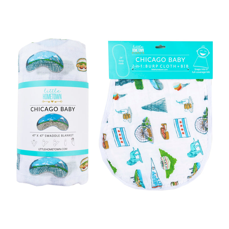 Gift Set: Chicago Baby Muslin Swaddle Blanket and Burp Cloth/Bib Combo by Little Hometown