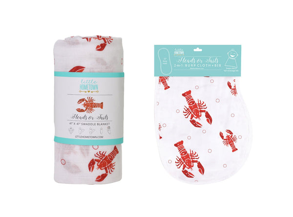 Gift Set: Heads or Tails Crawfish Lobster Baby Muslin Swaddle Blanket and Burp Cloth/Bib Combo by Little Hometown