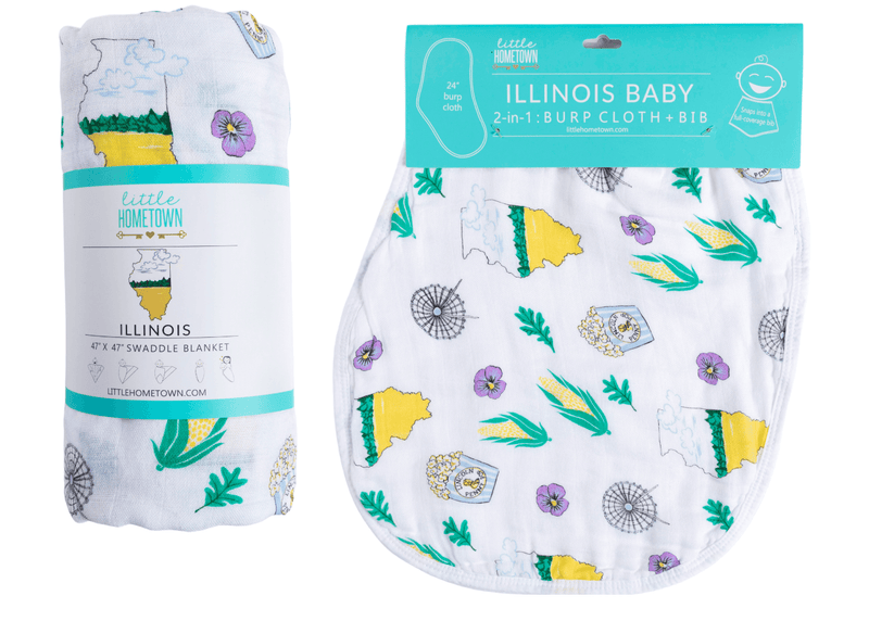 Gift Set: illinois Baby Muslin Swaddle Blanket and Burp Cloth/Bib Combo by Little Hometown