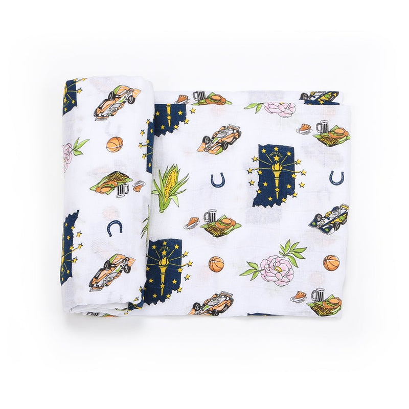 Gift Set: Indiana Baby Muslin Swaddle Blanket and Burp Cloth/Bib Combo by Little Hometown