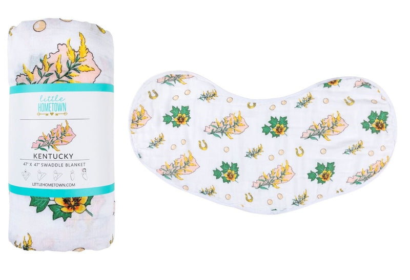 Gift Set: Kentucky Baby Muslin Swaddle Blanket and Burp Cloth/Bib Combo (Floral) by Little Hometown