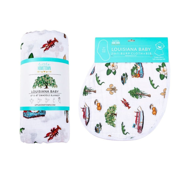 Gift Set: Louisiana Baby Muslin Swaddle Blanket and Burp Cloth/Bib Combo by Little Hometown