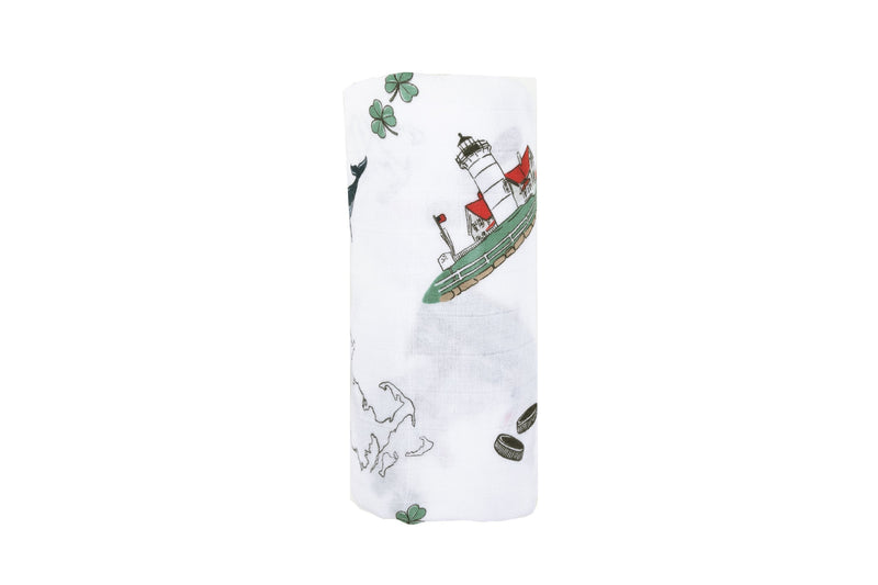 Gift Set: Massachusetts Baby Muslin Swaddle Blanket and Burp Cloth/Bib Combo by Little Hometown