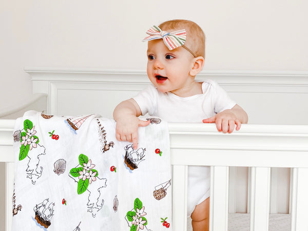 Gift Set: Massachusetts Floral Baby Muslin Swaddle Blanket and Burp Cloth/Bib Combo by Little Hometown