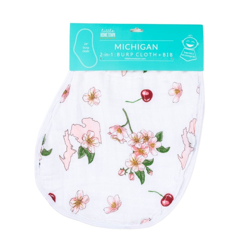 Gift Set: Michigan Baby Muslin Swaddle Blanket and Burp Cloth/Bib Combo (Floral) by Little Hometown