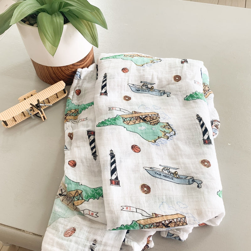 Gift Set: North Carolina Baby Muslin Swaddle Blanket and Burp Cloth/Bib Combo by Little Hometown
