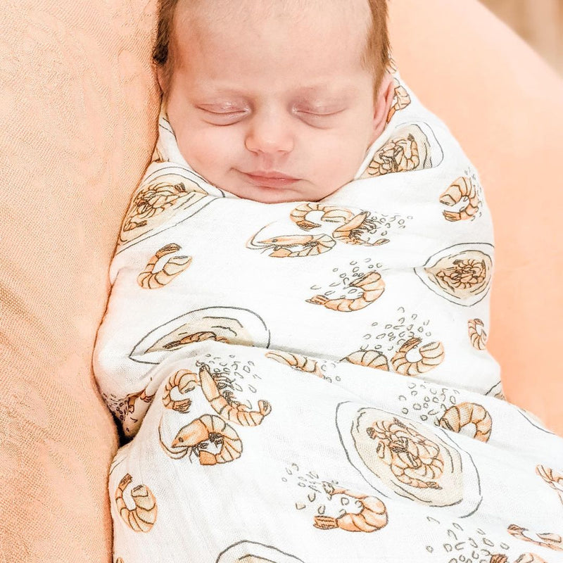 Gift Set: Shrimp'n Grits Baby Muslin Swaddle Blanket and Burp Cloth/Bib Combo by Little Hometown