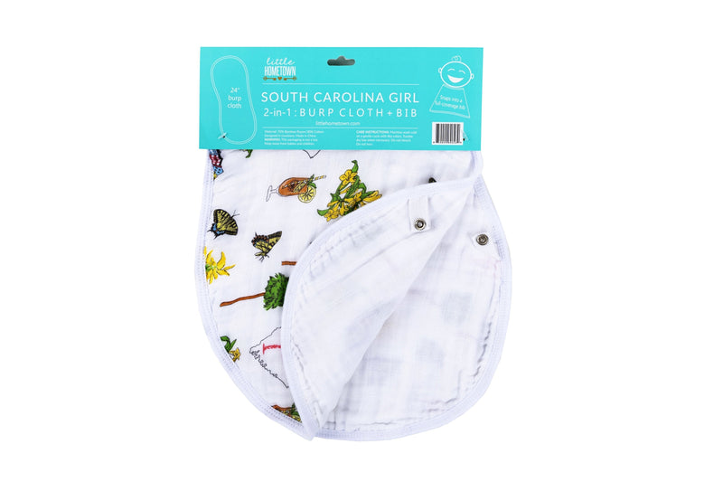 Gift Set: South Carolina Girl Baby Muslin Swaddle Blanket and Burp Cloth/Bib Combo by Little Hometown