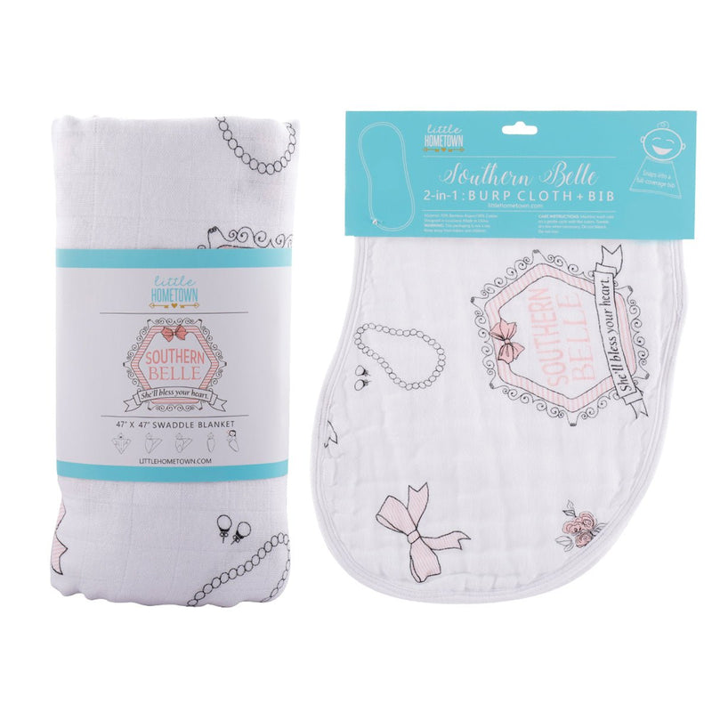 Gift Set: Southern Belle Baby Muslin Swaddle Blanket and Burp Cloth/Bib Combo by Little Hometown