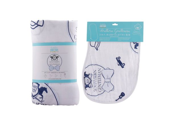 Gift Set: Southern Gentleman Baby Muslin Swaddle Blanket and Burp Cloth/Bib Combo by Little Hometown