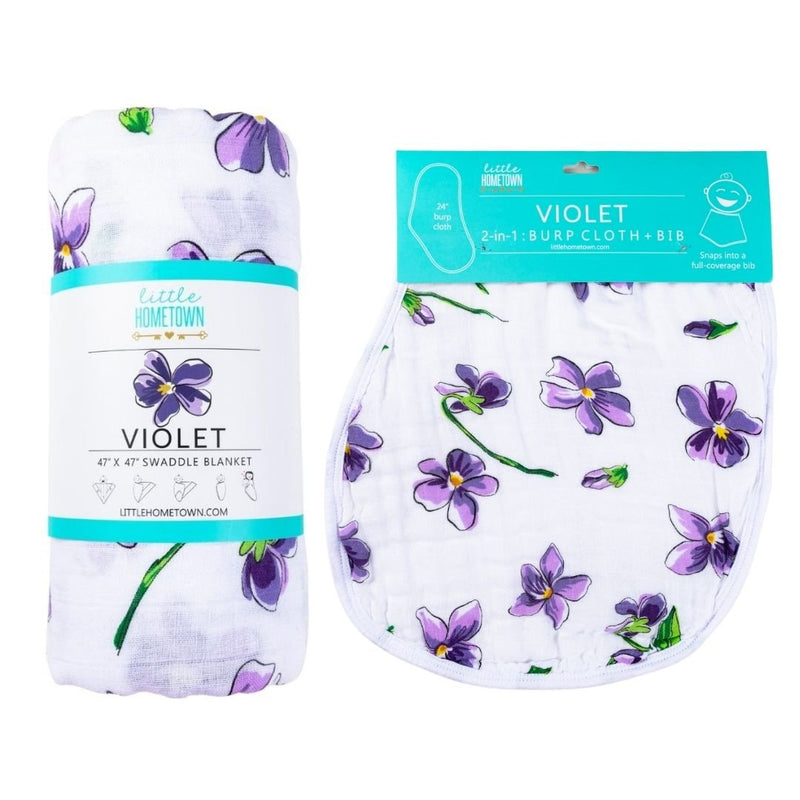 Gift Set: Violet Baby Muslin Swaddle Blanket and Burp Cloth/Bib Combo by Little Hometown