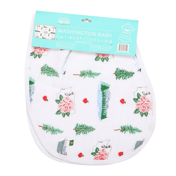 Gift Set: Washington (State) Baby Muslin Swaddle Blanket and Burp Cloth/Bib Combo by Little Hometown