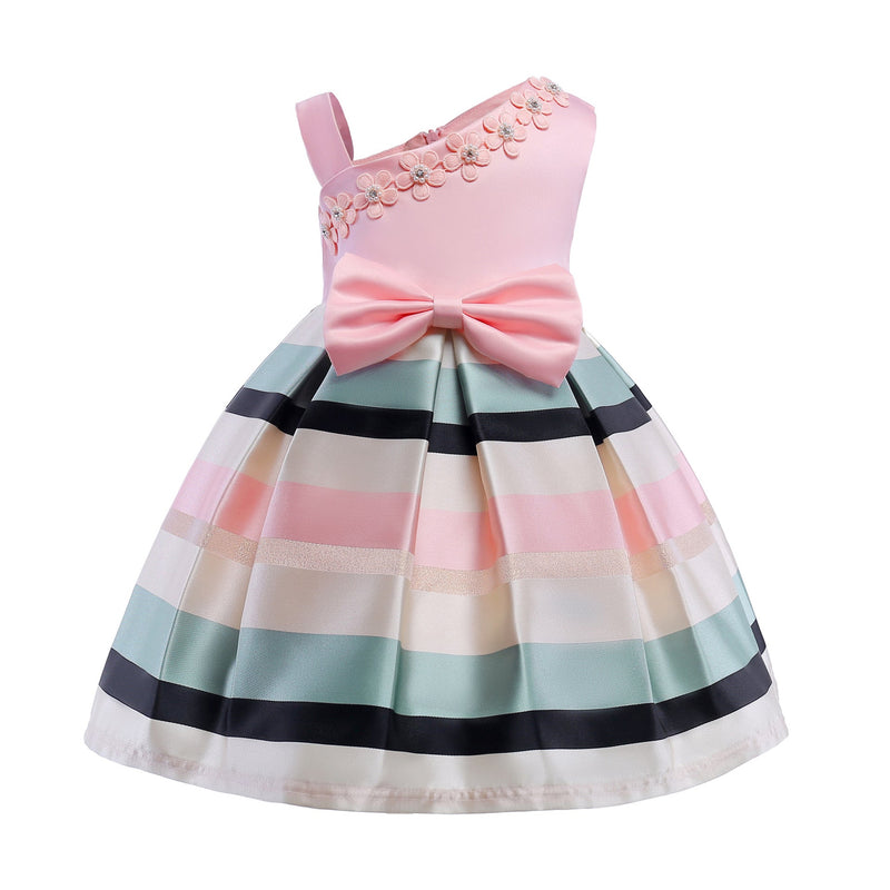 Baby Girl Floral Patched Pattern Striped Tutu Princess Dress One Shoulder Dress by MyKids-USA™