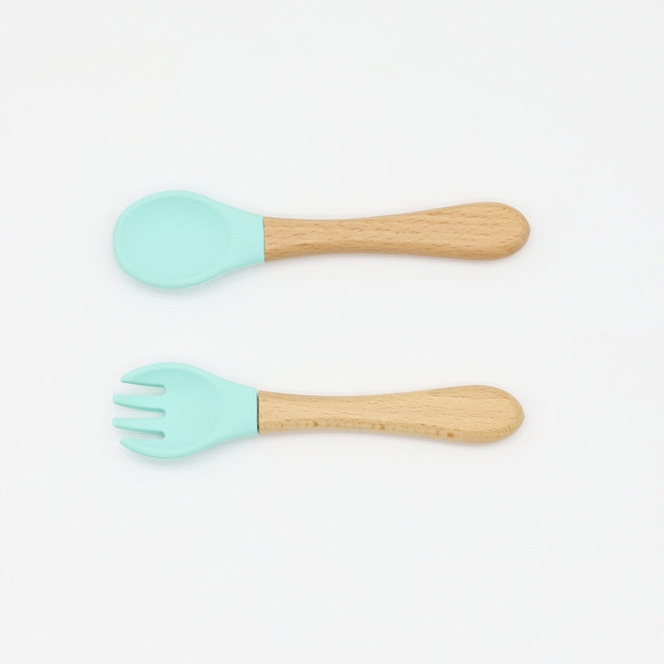 Baby Food Grade Wooden Handles Silicone Spoon Fork Cutlery by MyKids-USA™