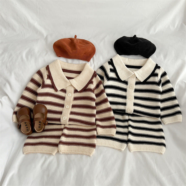 Baby Striped Pattern Lapel Knitted Cardigan With Pants Sets by MyKids-USA™