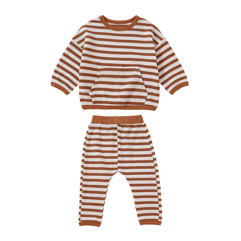 Baby Striped Pattern Or Solid Color Waffle Pocket Hoodie With Pants Sets by MyKids-USA™